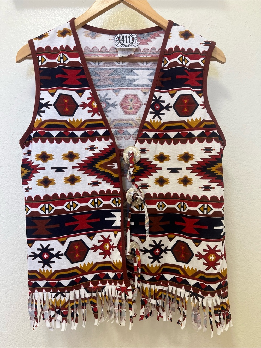 Vtg Southwestern Aztec Vest Fringe Detail Sz M USA festival Boho Rodeo Tribal